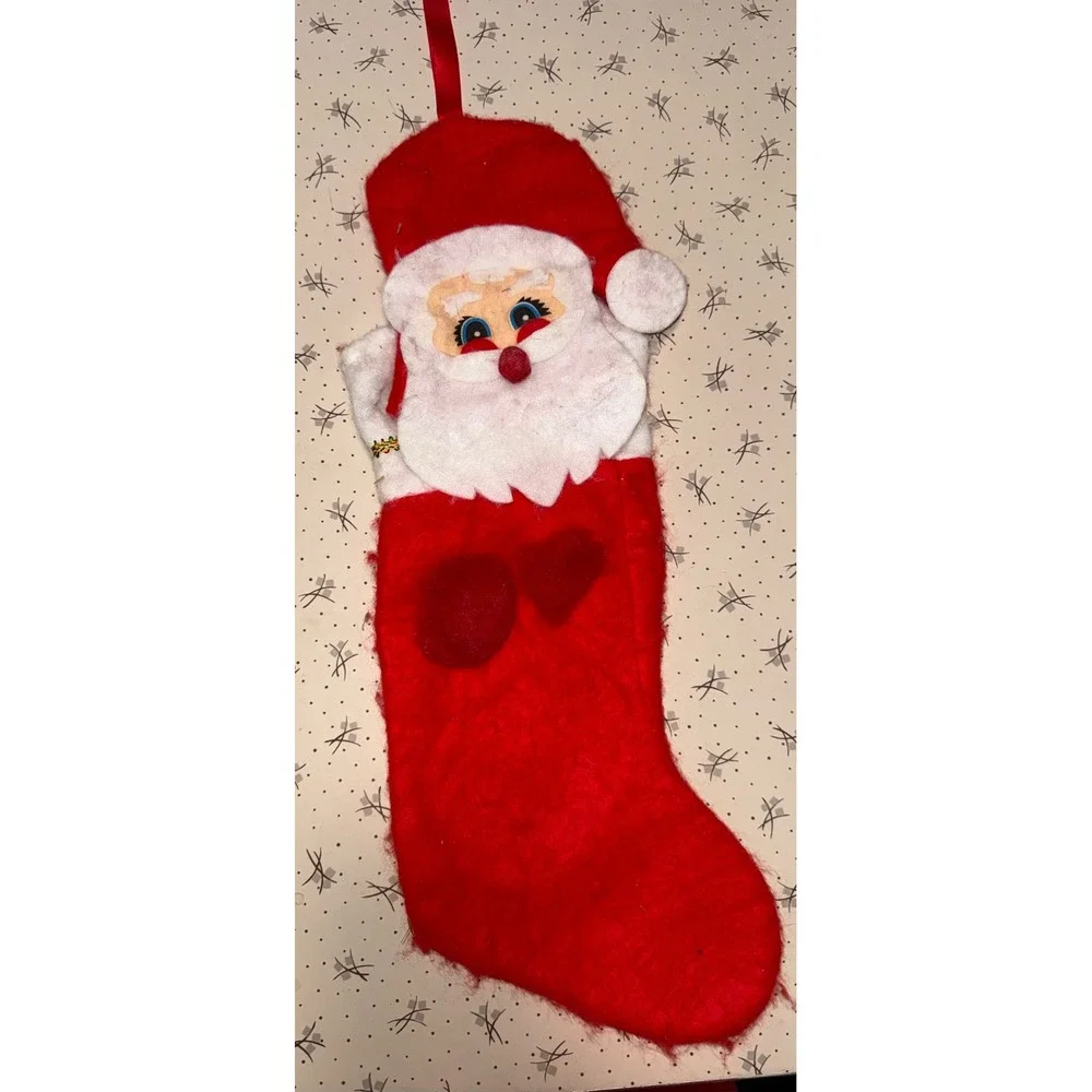 Vintage 80s Santa Claus Christmas Stocking Red Fuzzy Plush 3D Face Retro 17 Inch